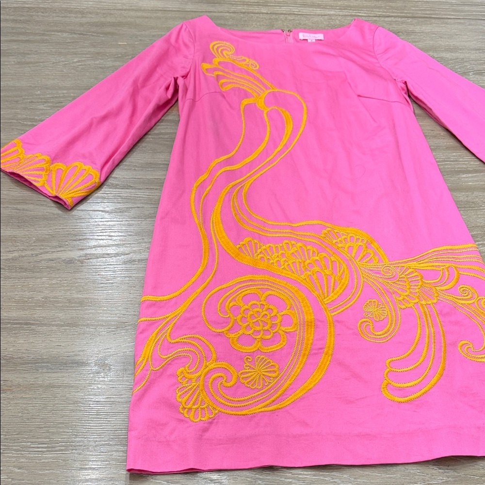 Lilly Pulitzer Pink Asymmetrical Dress with Yellow Embroidery